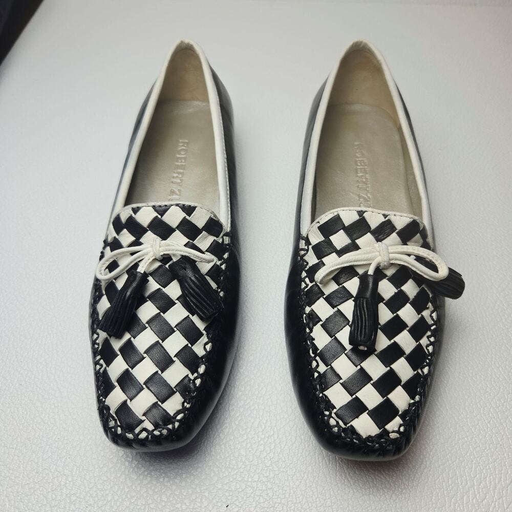 Robert Zur Flats Women 7.5 Black White Petra Checker Driver Woven Tassel Leather